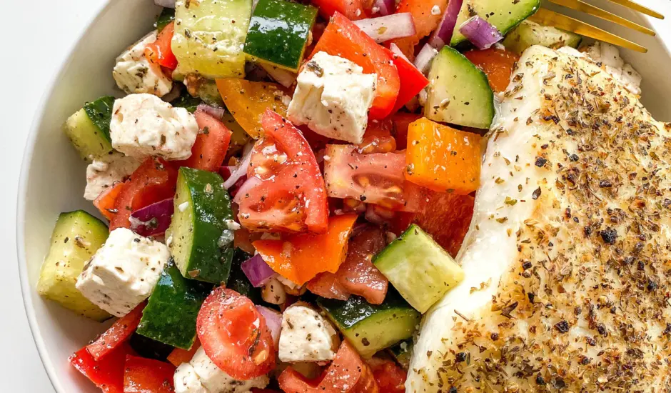 Mediterranean Style Alaska Halibut with Village Greek Salad Tanner's