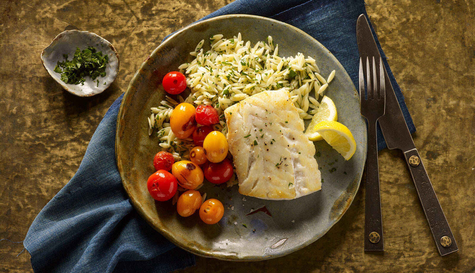 PAN-SEARED ALASKA COD WITH LEMON-PARSLEY ORZO