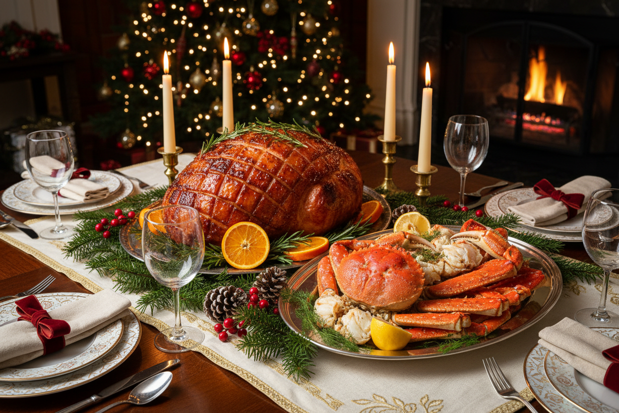 Create a 15 pound ham on a table with a platter of dungeness crab sections  on a table holidya style 
